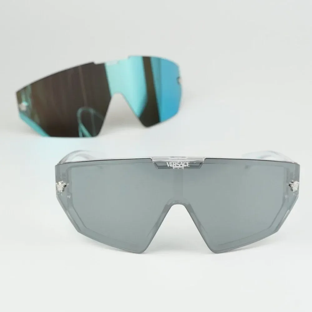 NEW Versace VE4461 148/6V Crystal Grey Mirror Blue Detachable Lens Sunglasses